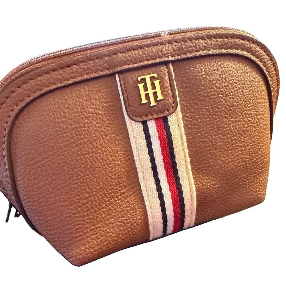 Tommy Hilfiger Brown Cosmetic Bag Pebbled Faux Leather TH Stripe Makeup Pouch